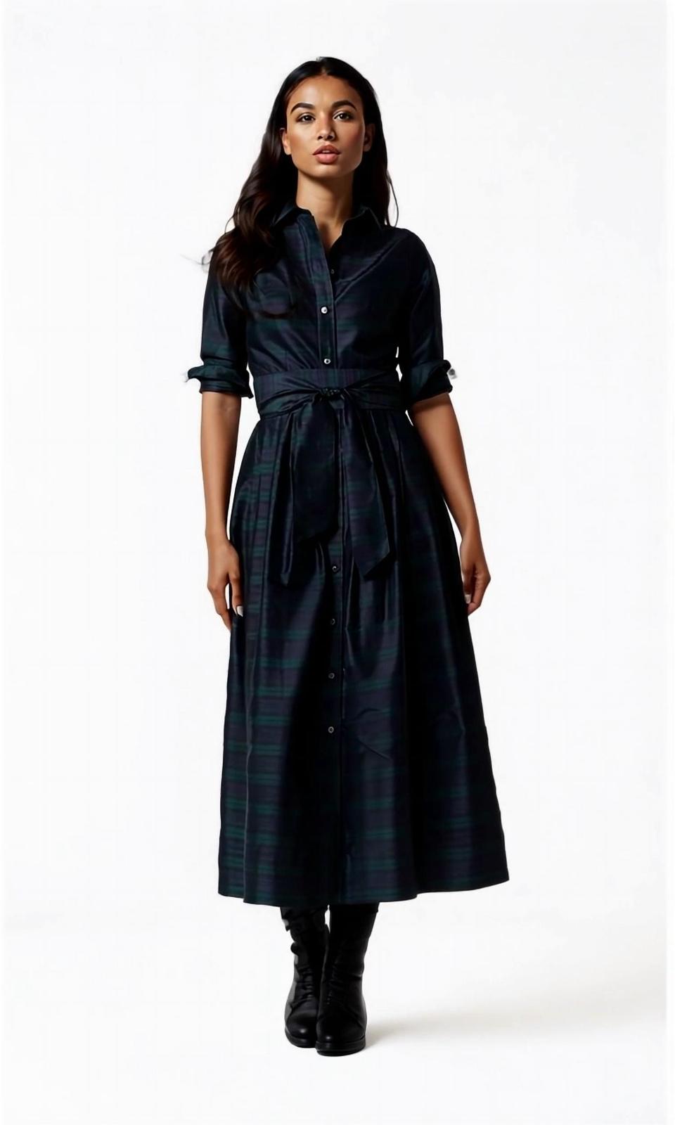 Ann Mashburn classic shirtwaist maxi dress in Blackwatch Silk Shantung