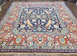 Large Square Turkish Mahal Rug 8 x 8.5 Colorful Carpet Blue Red Yellow Vintage - £1,978.59 GBP