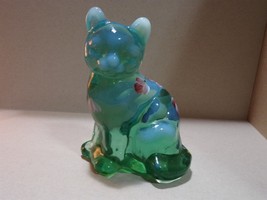 Fenton Glass Green Floral Sitting Cat Hand painted Signed - £49.91 GBP