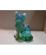 Fenton Glass Green Floral Sitting Cat Hand painted Signed - £49.56 GBP