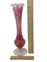 VTG Cranberry Glass Bud Vase w/Etched Grape Vine Design-Clear Scalloped-... - $18.81