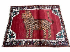 Antique Gabbeh Wool Rug 4x5 Lion Pictorial Red Orange Black Handmade Tribal Rug - £1,573.04 GBP