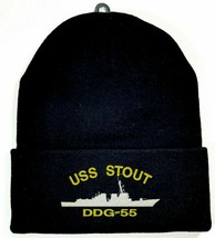 USS STOUT DDG-55 Beanie Watch Cap Skull Cap Black Embroidered Long Cuff - $9.89