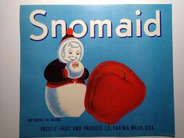 Snomaid Crate Label Anthropomorphic Snowman Apples Yakima WA Louis Roesc... - $11.69
