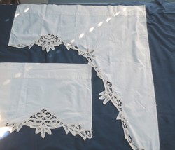 Vtg Cottage Ecru Café Kitchen Curtains &amp; Valance Cotton lace Cutwork - £31.97 GBP