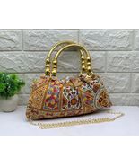 Handmade Ethnic Handbag with Embroidered Pattern, 13x6 Inch, Gold Chain ... - $60.61