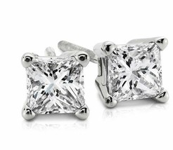 1.50CT Princess Cut Genuine F/SI1 Diamond 14K Solid White Gold Stud Earrings - £1,567.92 GBP