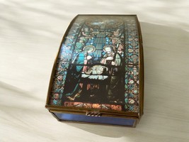 Vtg Brass &amp; Glass Religious Holy Family Mirror Trinket Hinged Music Box ... - £15.90 GBP