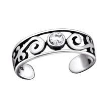 Patterned 925 Sterling Silver Toe Ring with Crystal - £12.49 GBP