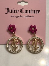 Juicy Couture Pink Flower &amp; Round JC Drop Earrings CZ Accents - New with Tags - £12.64 GBP