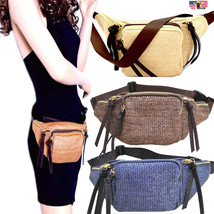 Straw Bum Woven Leather Waist Fanny Pack Body Messenger Bag Purse Outdoor Travel - £19.43 GBP+