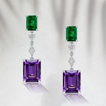 5Ct Emerald Cut Lab-Created Emerald &amp; Amethyst Drop Stud Earrings in 925 Silver - £107.90 GBP