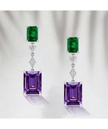 5Ct Emerald Cut Lab-Created Emerald &amp; Amethyst Drop Stud Earrings in 925... - £106.66 GBP