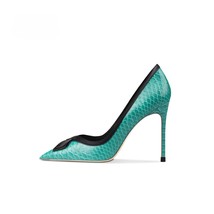 Women&#39;s Blue Bow Snake Print High Heels - $169.91