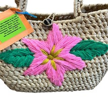 Handmade Mexican Straw Tote Shoulder Bag Flower Handcrafted Tan Pink - £17.15 GBP