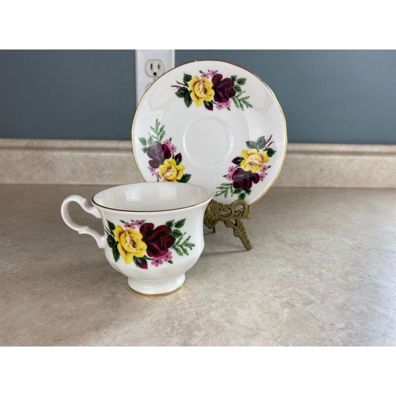 Primary image for Queen Anne Full Bloom Red And Yellow Roses Tea Cup And Saucer Set