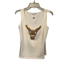 Cache White Top Tan Wood Bead Embellished Front Sz M Stretch Sleeveless - $19.79