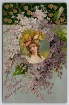 Valentine Greeting Victorian Lady Purple Flowers Golden Hearts Postcard X24 - £5.46 GBP