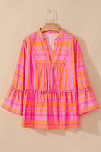 Vitality Orange Plus Size Geometric Embroidered Bell Sleeve Babydoll Blouse - $33.99