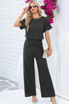 Dark Grey Ribbed Keyhole Short Sleeve Wide Leg Jumpsuit - $19.29