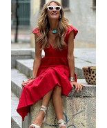 Fiery Red V Neck Flutter Sleeve Smocked Bodice High Waist Ruffle Maxi Dress - €23,61 EUR Fiery Red V Neck Flutter Sleeve Smocked Bodice High Waist Ruffle Maxi Dress - €23,61 EUR