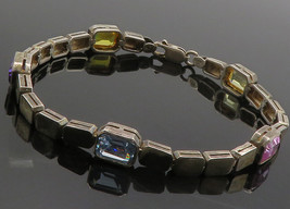 925 Sterling Silver - Vintage  Multi-Color Topaz Square Chain Bracelet - BT5166 - $67.70