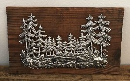 VTG Wood Wall Plaque Silver Metal 3D Wall Art Pine Trees Forest Decor Ho... - £16.02 GBP