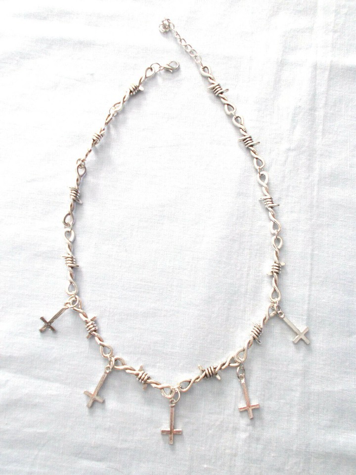 5 Satanic Inverted Cross Charms Barb Wire Barbed Twist Chain Link Necklace 17"+ Item image 2