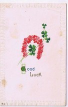 Holiday Postcard St Patrick&#39;s Good Luck Horseshoe Pink Flowers - £2.32 GBP