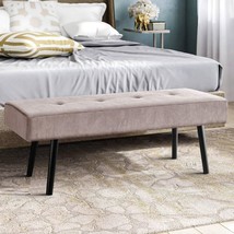 Mid-Century Pink Corduroy Upholstered End of Bed Bench with Black Metal Legs - $253.42 CAD