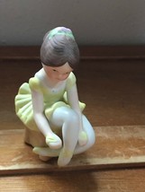 Small Young Brown Haired Girl in Yellow Dancer Tutu on Bench Porcelain Figurine  - £9.02 GBP