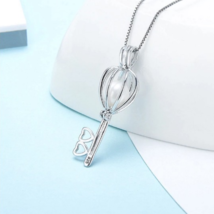 925 Sterling Silver Double Heart Pearl Cage Key Pendant Necklace + Pearl - £30.05 GBP