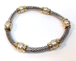 Silver Plated &amp; Gold Plated Stretch Bracelet with Faux Pearl Accents Tes... - £18.22 GBP