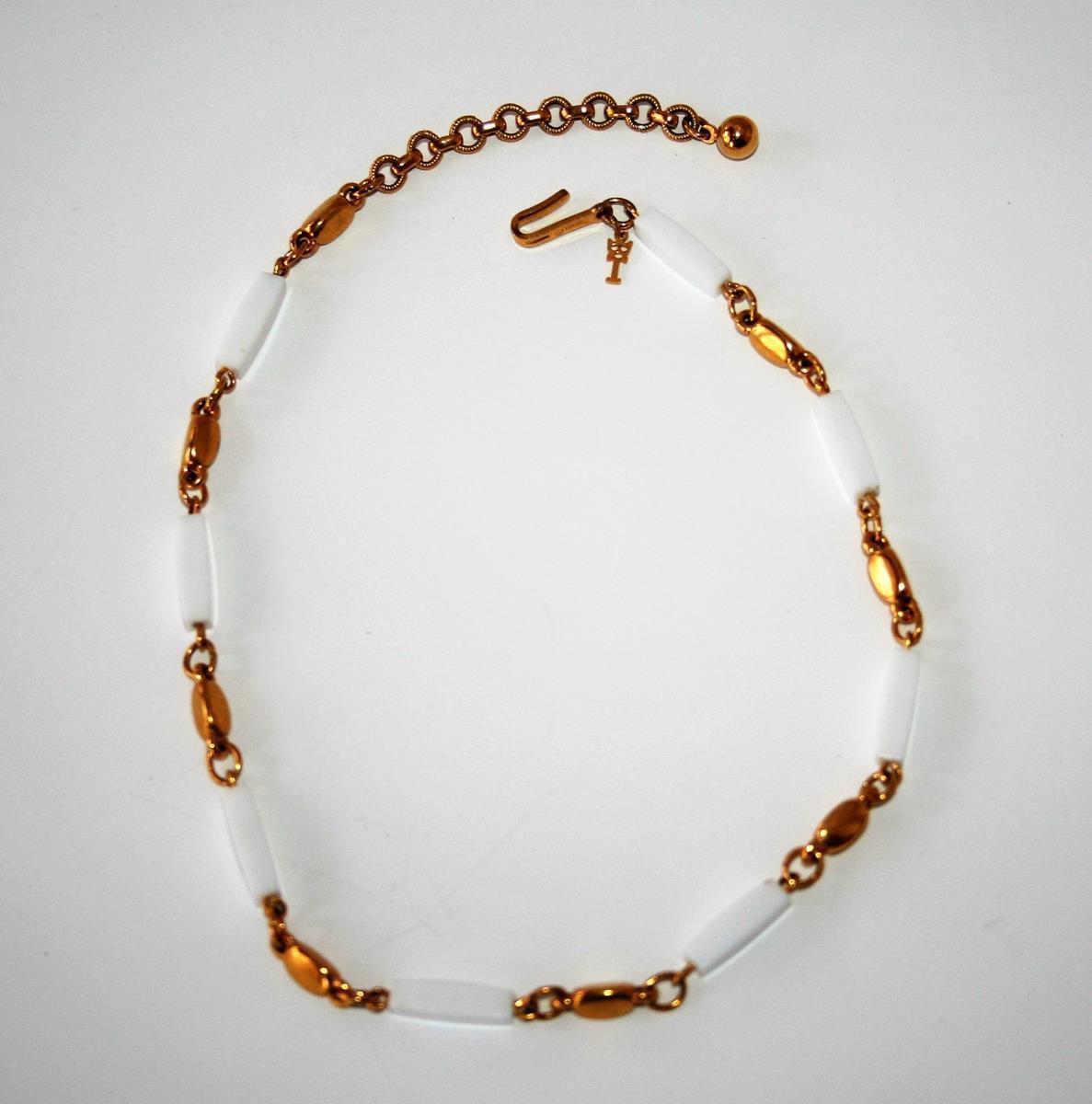 Trifari Gold Tone White Plastic Bead Choker Necklace   J254 - $18.00