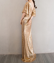 Golden Bat Sleeve Maxi Sequin Dresses Women Custom Plus Size Sequined Gowns image 5