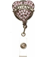 Badge Holder-Nurse-Crystal Heart - Rose &amp; Silver - Pull-Reel - $14.99