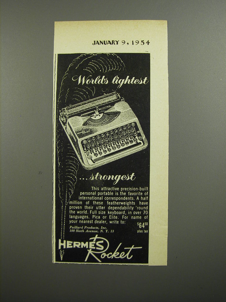 1954 Hermes Rocket Typewriter Ad - World's lightest ..strongest - $18.49