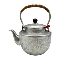 Vintage 2 Cup Aluminum Tea Pot Kettle Rattan Handle w/ Strainer Basket Japan - £22.13 GBP