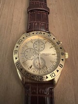 Milagro Watch Men Gold Tone Brown Faux Leather Band 40 MM New Battery 9&quot; - $12.00