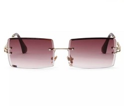 Men’s Gold Rectangle Burgundy Tint Rimless Square Vintage Classy Buff Sunglasses - £15.46 GBP