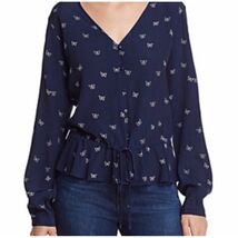 Rails Beaux Navy White Butterfly Print Peplum Blouse V-Neck Rayon Top Me... - $22.27