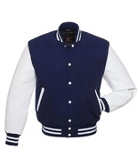 Varsity Letterman Bomber Baseball Jacket Navy Blue Body &amp; White Leather ... - $95.98