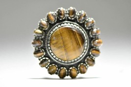 Tiger Eye ring flower Boho tribal Big round sterling silver women Size 7 - £116.97 GBP