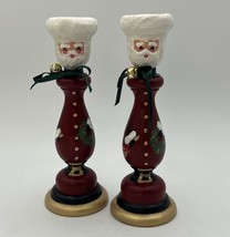 2 Hand Painted Folk Art Wood Candlestick Santa Father Christmas Signed Country - $25.23