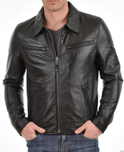 Men&#39;s Genuine Lambskin Leather Jacket Black Slim fit Motorcycle jacket - MJ096 - £92.58 GBP