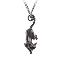 Black Cat Sith Pendant Fairy Red Eyes Stalking Hanging Feline Pewter Goth P816 - £38.15 GBP