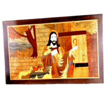 Religious Jesus With Lambs Wooden Picture Hand Carved Spiritual - £22.56 GBP