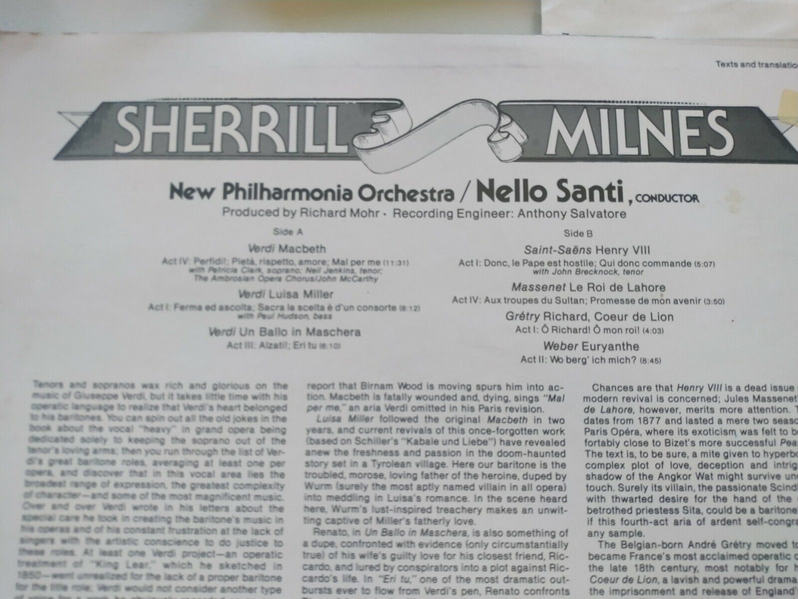 Sherrill Milnes Arias From Nello Santi Rca 1975 Ru Press LP vinile 12 " VG/VG Am Item image 4