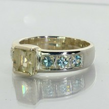 Light Yellow Oregon Sunstone Light Blue Zircons Sterling Ring size 10 Design 638 - £95.21 GBP