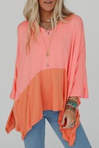 Grapefruit Orange Contrast Color Patchwork Oversized Side Split Top - £20.14 GBP